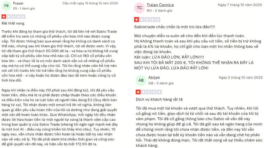Đánh giá của trader về sàn SabioTrade trên Trustpilot