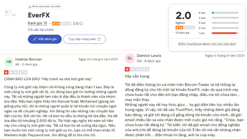 EverFX chỉ nhận 25 sao trên Trustpilot với nhiều phản ánh tiêu cực