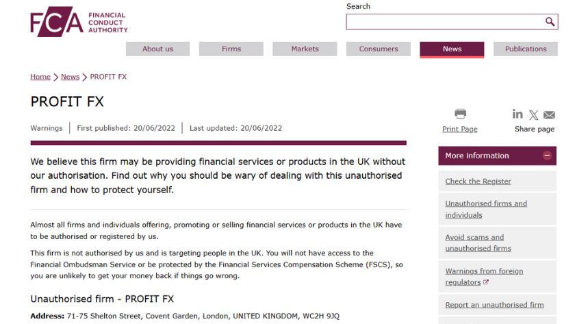 FCA cảnh báo chính thức rằng Profit FX là một đơn vị trái phép (Unauthorised firm)
