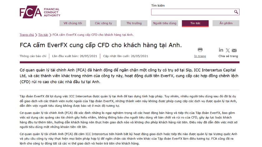 FCA đưa ra cảnh báo về EverFX