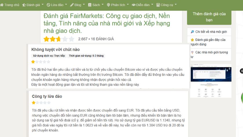 Không thể rút tiền - Đánh giá của trader về FairMarkets trên FPA