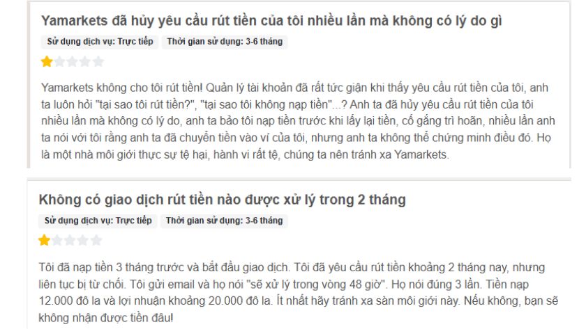 Không thể rút tiền tại YaMarkets - Trader đánh giá trên FPA