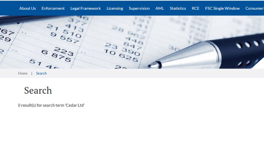 Không tìm thấy giấy phép FSC Mauritius của sàn CedarFX