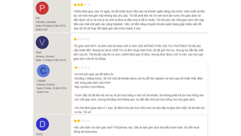 Một vài đánh giá của người dùng về FXOptimax trên Forex Peace Army