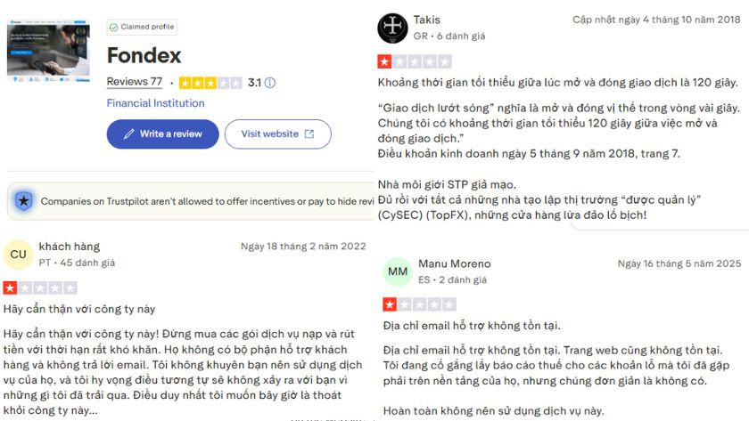Một vài đánh giá của trader trên Trustpilot về Fondex