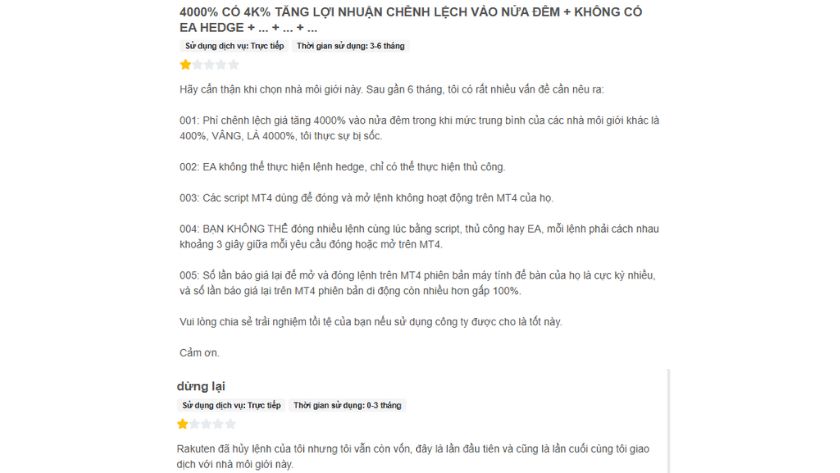 Một vài đánh giá của trader về Rakuten trên FPA