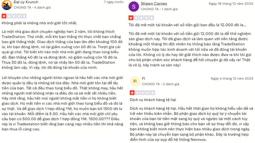 Một vài đánh giá tiêu biểu của người dùng về TradeStation trên Trustpilot