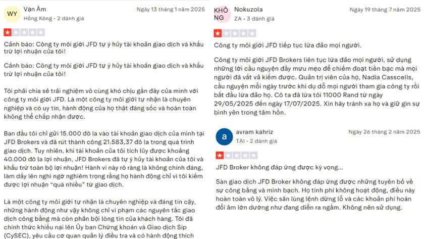Một vài feedback của trader về JFD trên Trustpilot