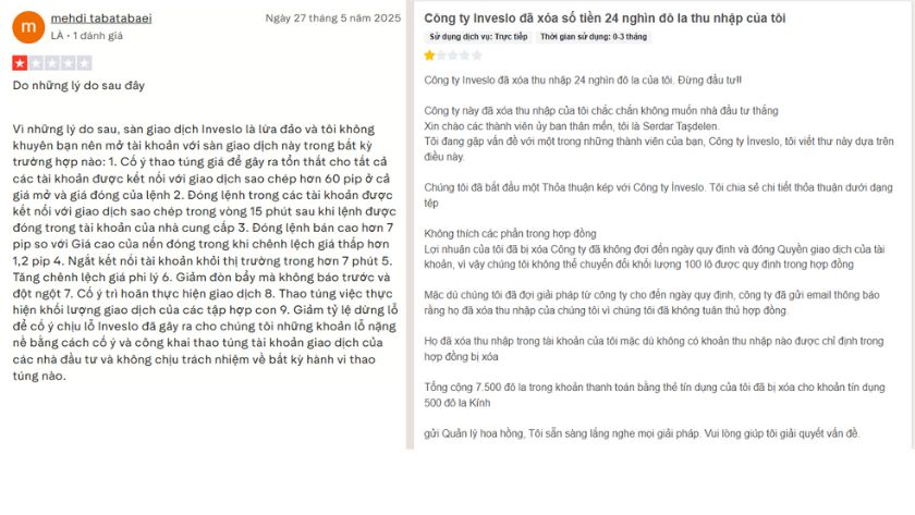 Một vài feedback về sàn Inveslo của trader trên Trustpilot & Forex Peace Arrmy