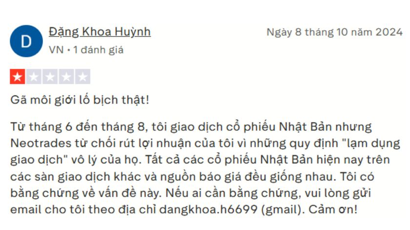 Neotrades từ chối rút lợi nhuận của trader một các vô lý