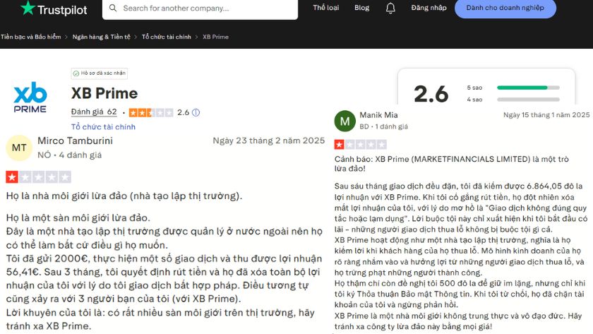 Nhiều người dùng cũng tố cáo XB Prime lừa đảo trên Trustpilot