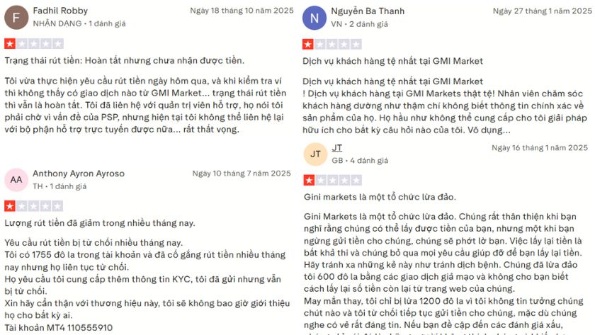 Nhiều trader phàn nàn về GMI Markets trên Trustpilot