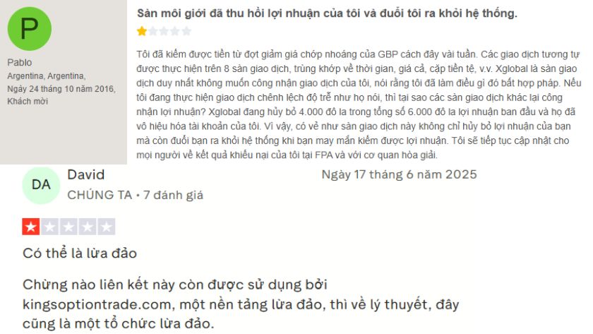 Những đánh giá thực tế của trader về XGlobal Markets trên Trustpilot và FPA
