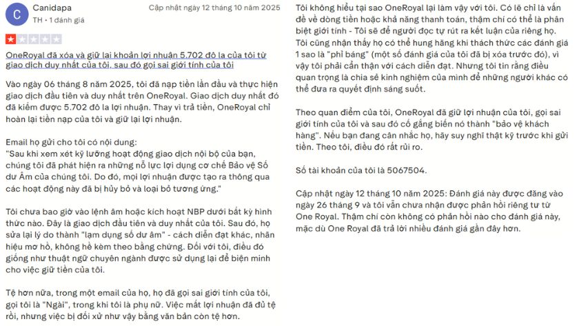 OneRoyal giữu lại lợi nhuận của trader - bài đăng trên Trustpilot