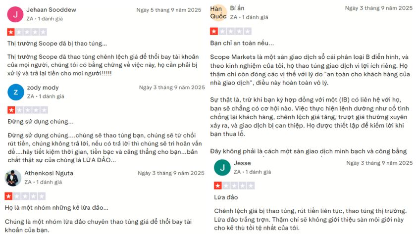 Rất nhiều trader tố cáo Scope Markets trên Trustpilot với lí do thao túng giá, từ chối rút tiền, thiếu công bằng - minh bạch