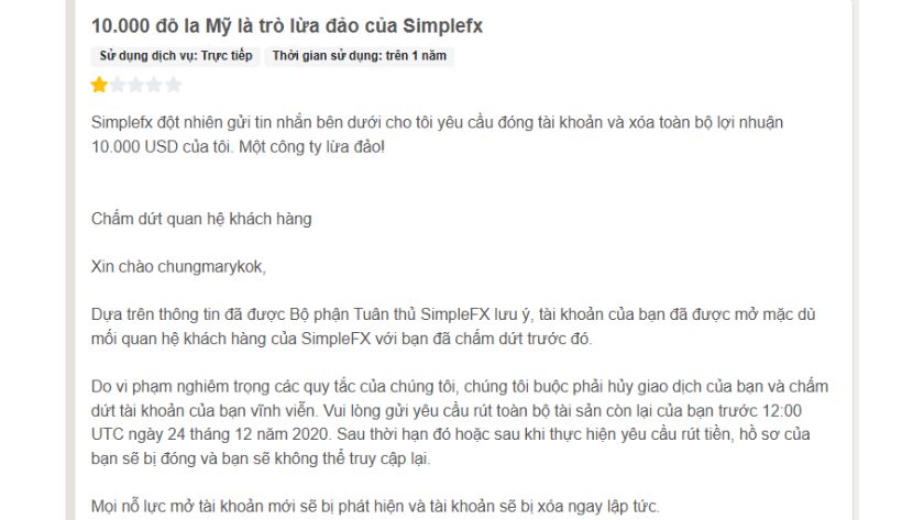 SimpleFX đã xóa tài khoản và lợi nhuận của trader gây thiệt hại $10000