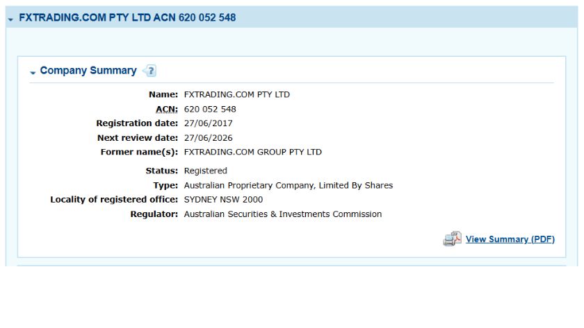 Thông tin giấy phép ASIC của FXTRADING.com