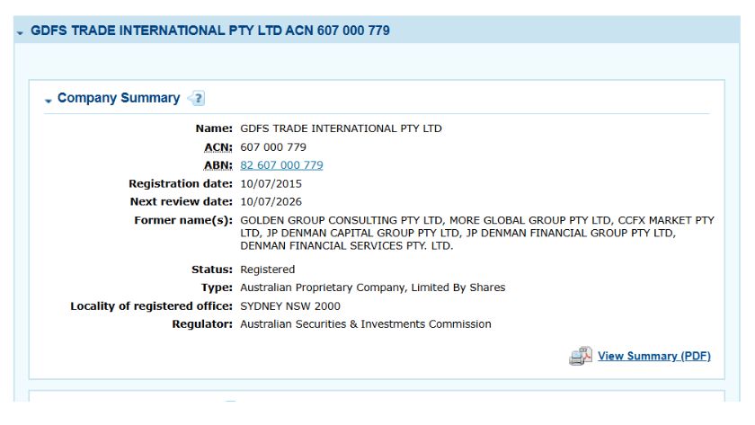 Thông tin giấy phép ASIC của GDFS Trade