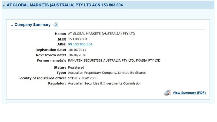 Thông tin giấy phép ASIC của sàn Rakuten Securities
