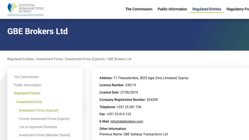 Thông tin giấy phép CySEC của GBE Brokers