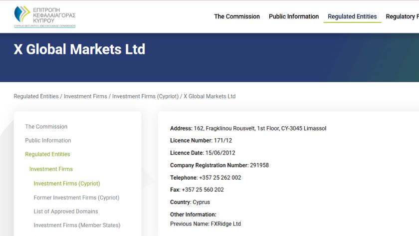 Thông tin giấy phép CySEC của sàn X Global Markets