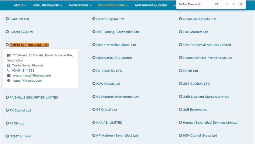 Thông tin giấy phép FSA Seychelles của FinPros