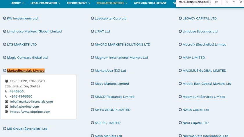 Thông tin giấy phép FSA Seychelles của XB Prime