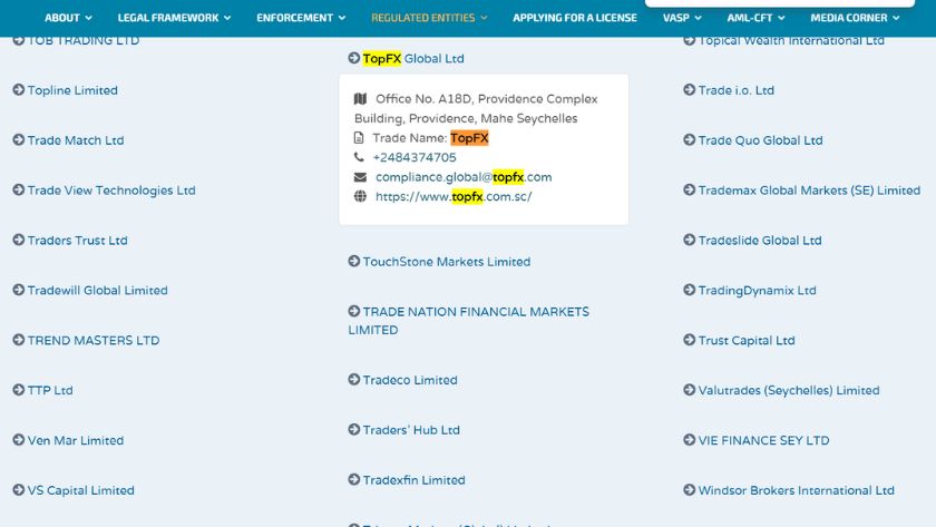 Thông tin giấy phép FSA của TopFX