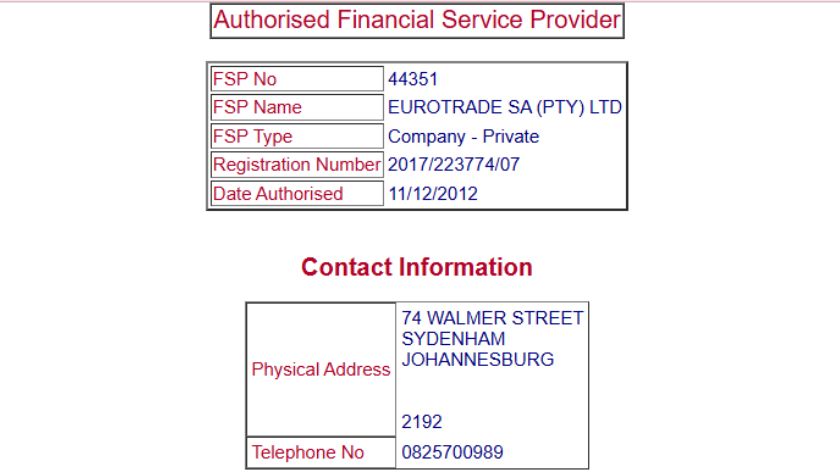 Thông tin giấy phép FSCA của Eurotrader