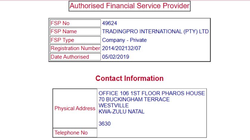 Thông tin giấy phép FSCA của TradingPRO