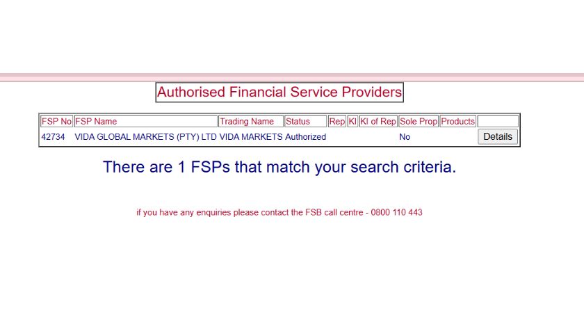 Thông tin giấy phép FSCA của Vida Markets