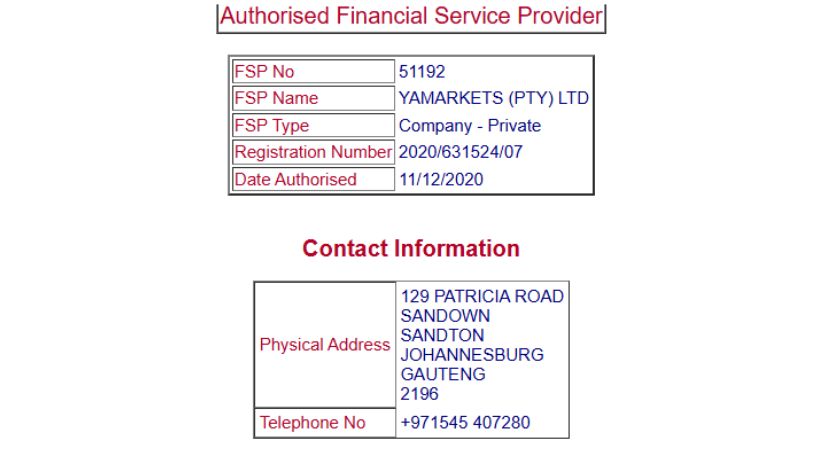 Thông tin giấy phép FSCA của YaMarkets