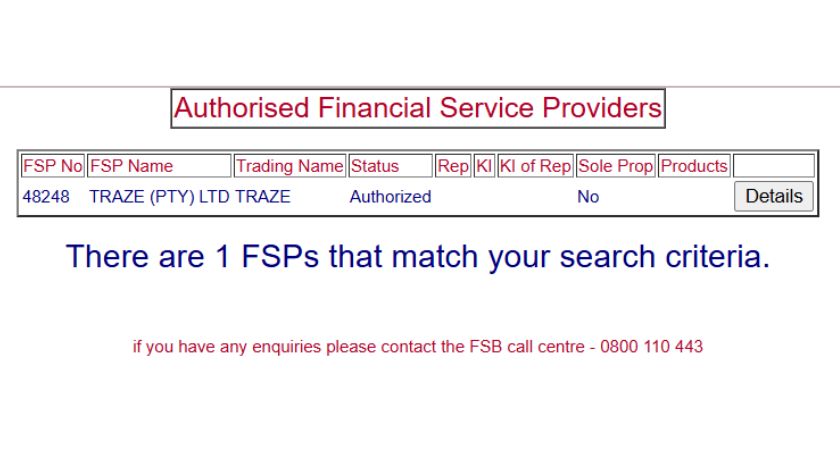 Thông tin giấy phép FSCA của sàn Traze