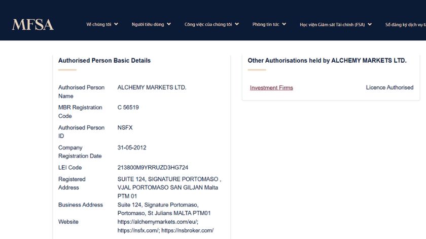 Thông tin giấy phép MFSA của NSFX