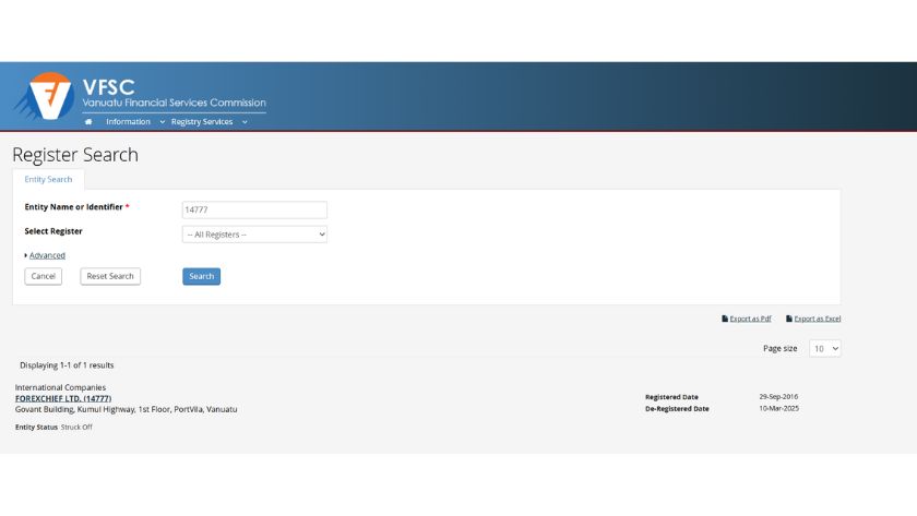 Thông tin giấy phép VFSC của ForexChief