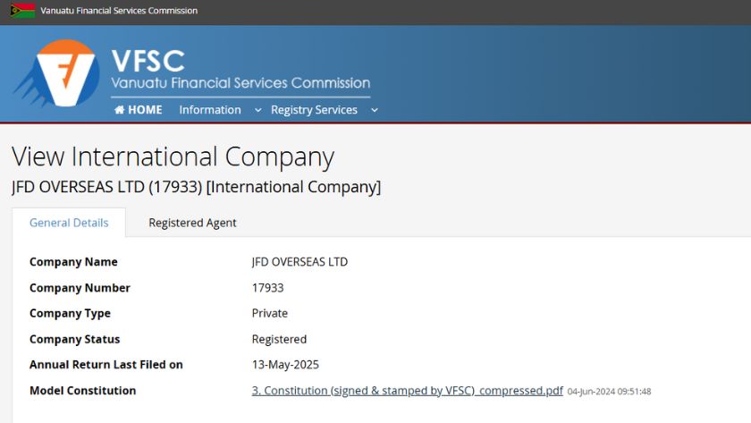 Thông tin giấy phép VFSC của JFD Brokers