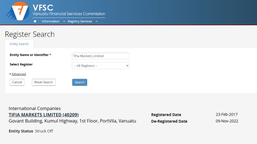 Tifia hiện tại không còn sở hữu giấy phép VFSC