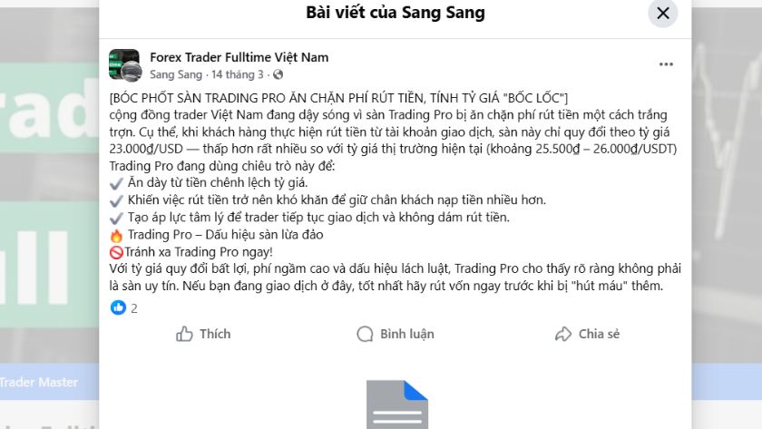 Trader Việt tố cáo sàn TradingPRO ăn chặn phí và tính tỷ giá thấp