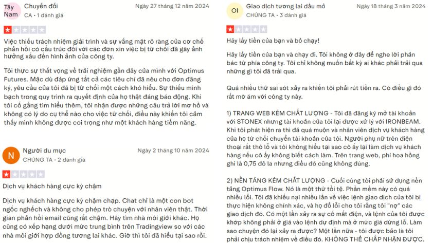 Trader phản ánh Optimus Futures thiếu trách nhiệm, hỗ trợ chậm nền tảng kém,...trên Trustpilot