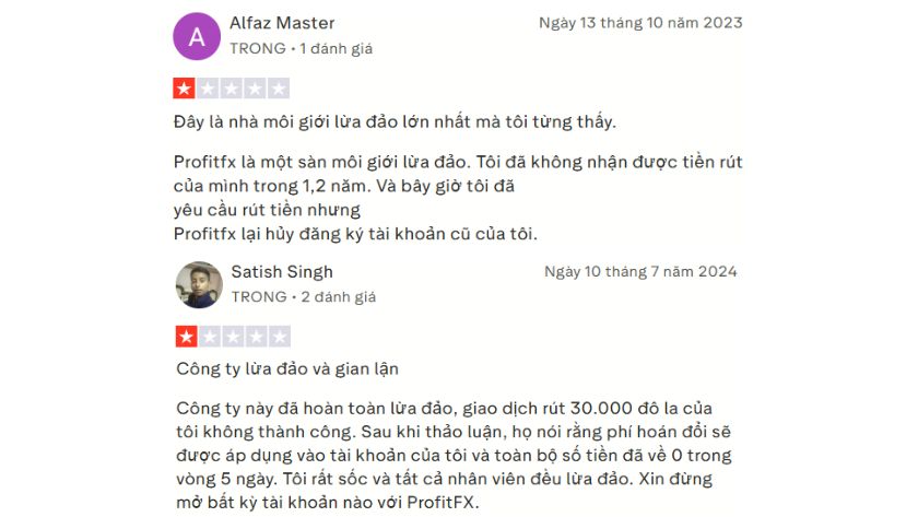 Trader tố cáo Profit FX lừa đảo trên Trustpilot