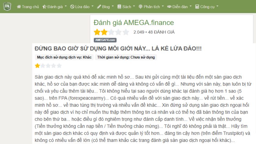 Trên Forex Peace Army sàn Amega chỉ đạt 2 sao với hàng loạt tố cáo lừa đảo