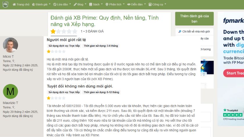 Trên Forex Peace Army trader phản ánh không thể rút tiền tại XB Prime