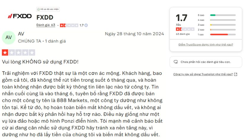 Trên Trustpilot FXDD nhận về hơn 70% đánh giá 1 sao
