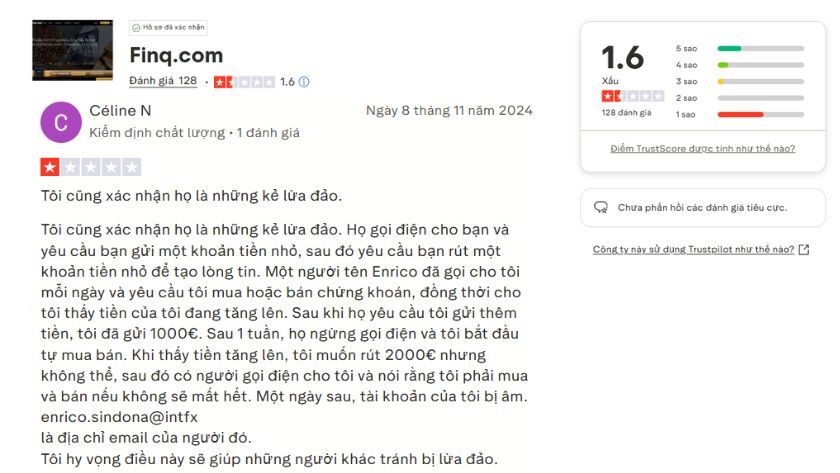 Trên Trustpilot, Finq.com chỉ đạt 1.6 sao với hàng loạt phản hồi tiêu cực