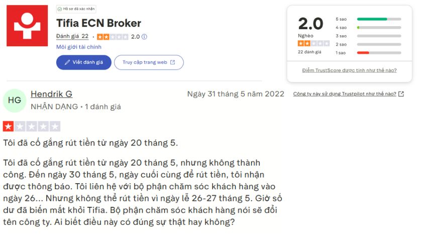 Trên Trustpilot, Tifia cũng nhận về khá nhiều phản hồi tố cáo sàn lừa đảo