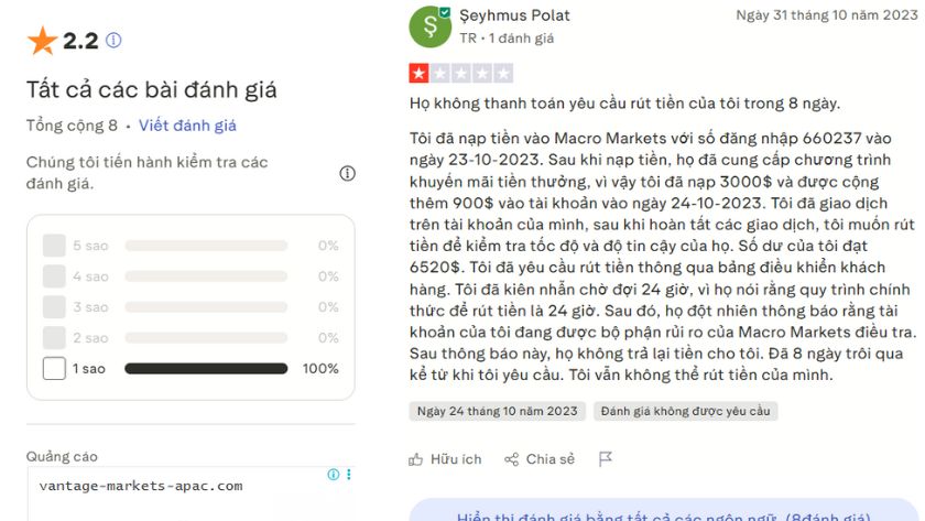 Trên Trutspilot, MacroFX chỉ đặt 2.25 sao với 100% đánh giá 1 sao