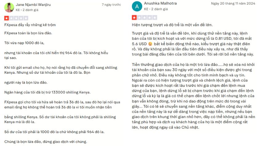 Trượt giá, trừ tiền,.. là những gì trader gặp khi giao dịch tại FXPesa - Đánh giá của trader trên Trustpilot