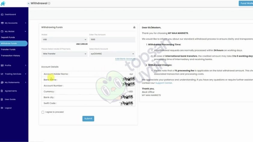 Đội ngũ Top Sàn Uy Tín Team tiến hành thực hiện rút tiền kiếm tra trên MY MAA MARKETS