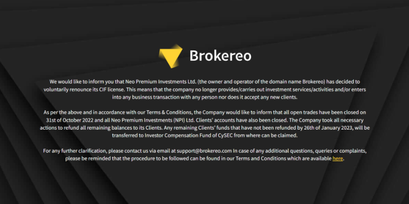 Neo Premium Investments Ltd. (đơn vị sở hữu và vận hành Brokereo) đã tự nguyện từ bỏ giấy phép CIF
