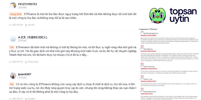 Các đánh giá, phản hồi từ người dùng ETFinance
